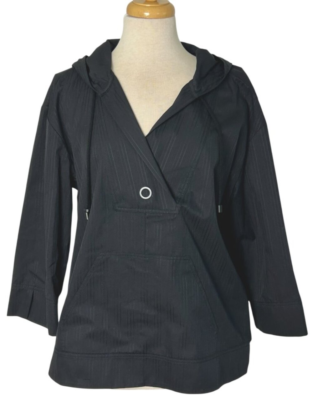 Per Se by Carlisle Black Pin Stripe Hooded Anorak Jacket Front Pouch Cotton Sz 8